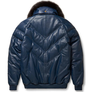 Men's Navy Leather V-Bomber Jacket with 59% Discount