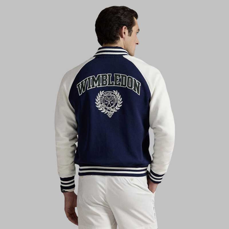 Casual Wimbledon inspired navy letterman jacket for men