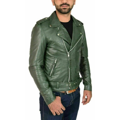 Men's Olive Green Lambskin Biker Jacket