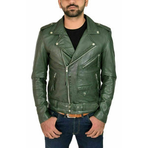 Men's Olive Green Lambskin Biker Jacket - Leather Jacket