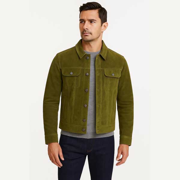Mens Olive Green Sheepskin Suede Trucker Leather Jacket