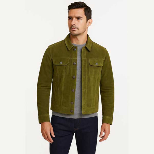 Mens Olive Green Sheepskin Suede Trucker Leather Jacket - 3amoto shop