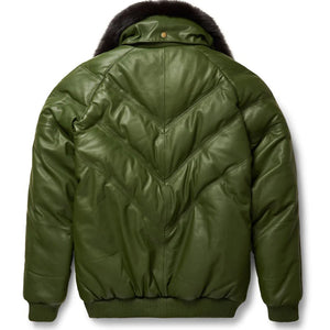 Men's Olive Leather V-Bomber Jacket