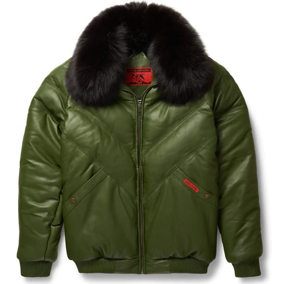 Men's Olive Leather V-Bomber Jacket