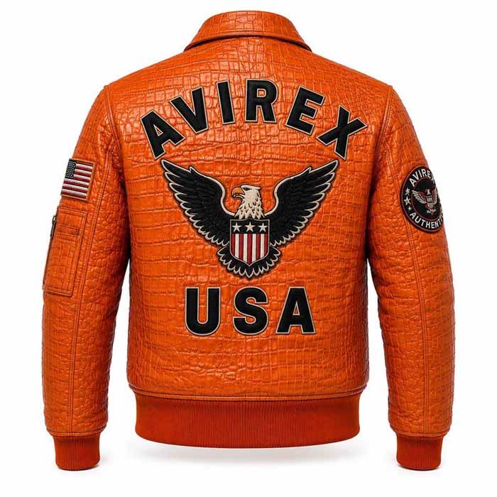 Men's Orange Crocodile Leather Varsity Bomber Jacket with USA Eagle Patch