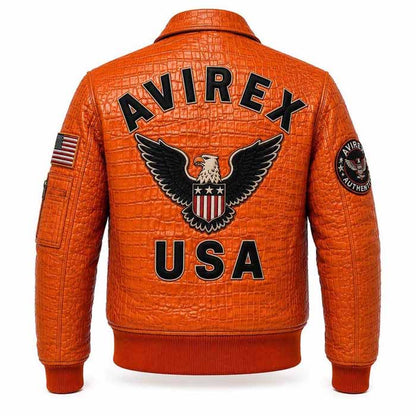 Men's Orange Crocodile Leather Varsity Bomber Jacket with USA Eagle Patch