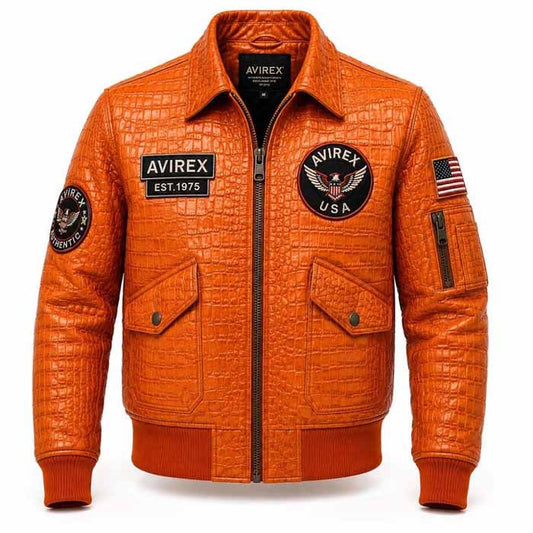Men's Orange Crocodile Leather Varsity Bomber Jacket with USA Eagle Patch - 3amoto shop