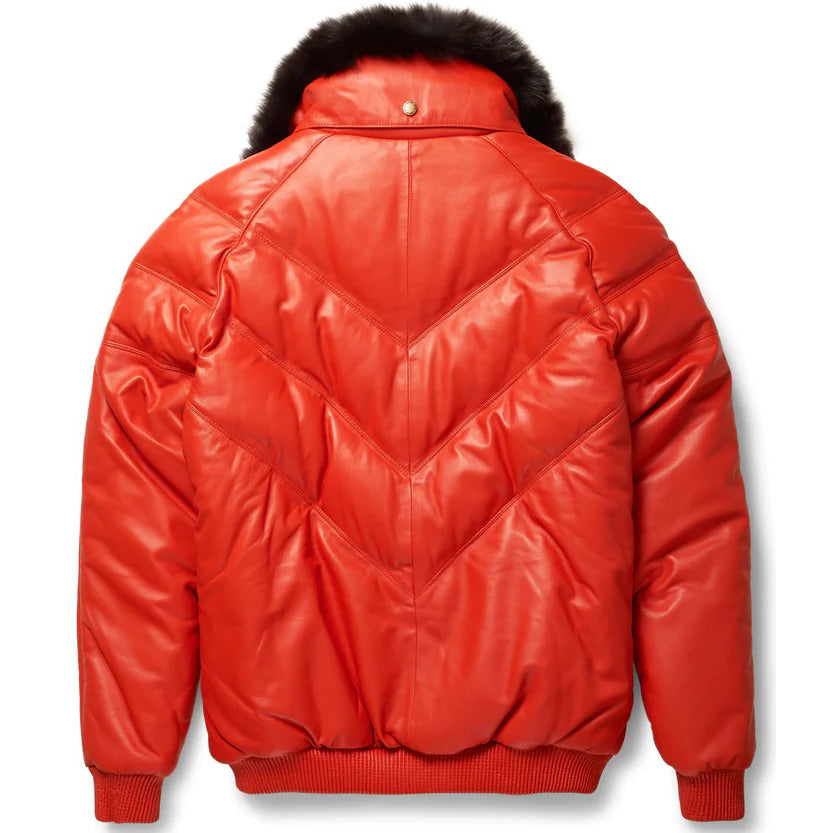 Men's Orange Leather V-Bomber Jacket