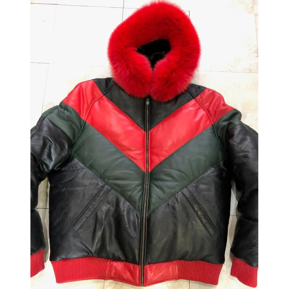 Men's Original Leather V-Bomber Jacket with Premium Fur