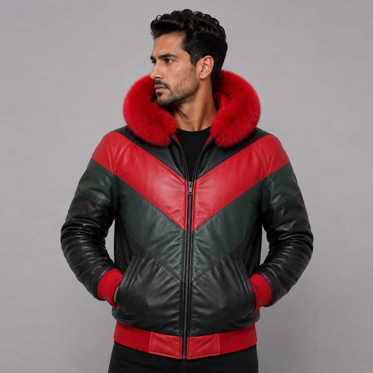 Men's Original Leather V-Bomber Jacket with Premium Fur - 3amoto shop