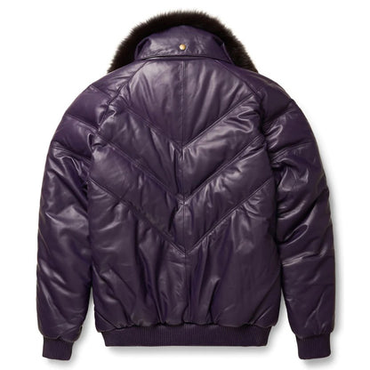 Men's Purple Leather V-Bomber Jacket