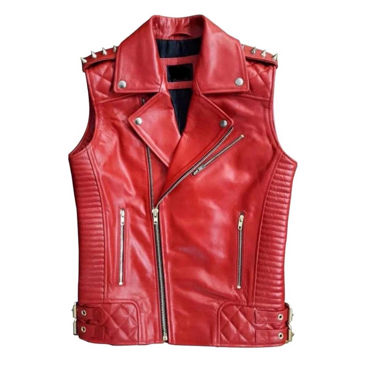 Men's red lambskin leather biker vest with quilted lining