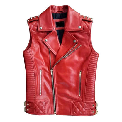 Men's red lambskin leather biker vest with quilted lining