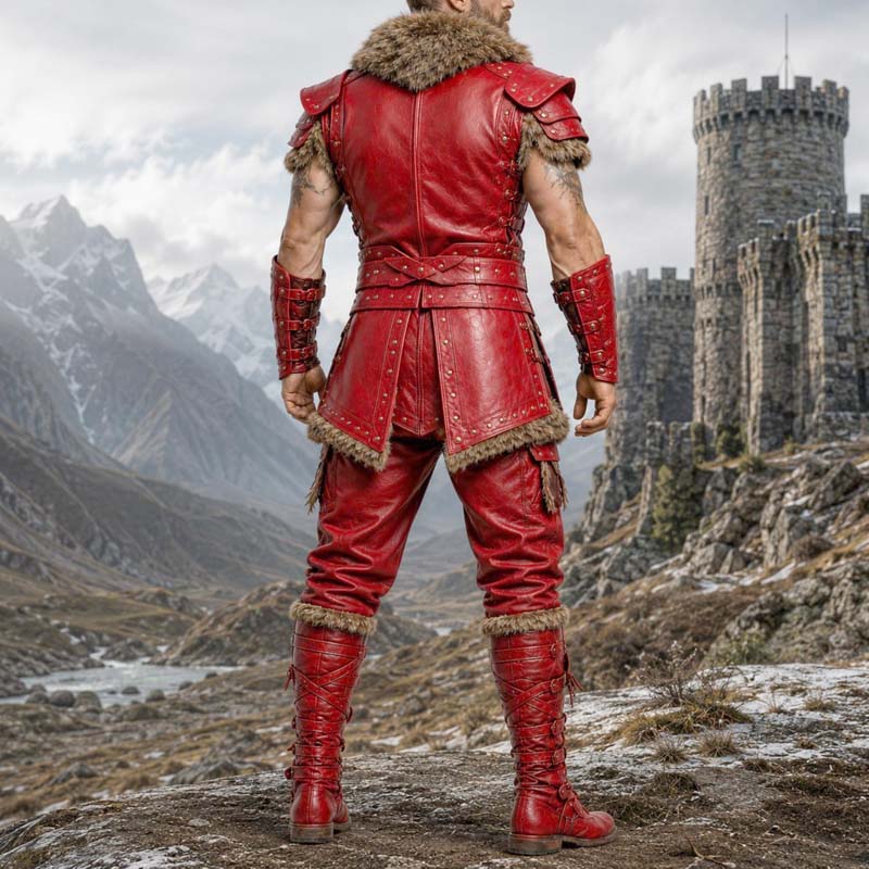 Medieval men's red leather vest with buckle closures and fur trim