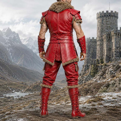 Medieval men's red leather vest with buckle closures and fur trim