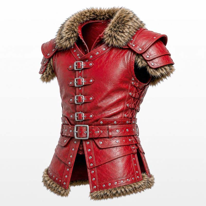 Men's red Viking cosplay outfit with leather arm guards