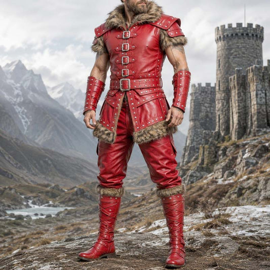 Men's red leather warrior costume with matching vest and pants - 3amoto shop
