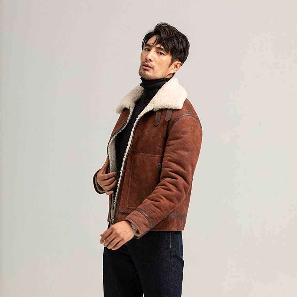 Men's Reddish Brown Shearling Air Force Jacket - B3 Shearling Jacket