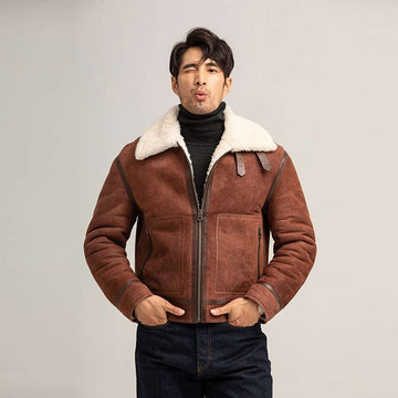 Brown Waxed Mens Aviator Hooded Shearling Leather Jacket