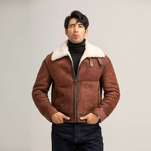 Men's Reddish Brown Shearling Air Force Jacket - B3 Shearling Jacket - Fashion Leather Jackets USA - 3AMOTO