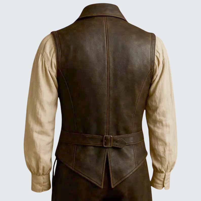 Men's Vintage Brown Leather Vest with Button Front Renaissance Style