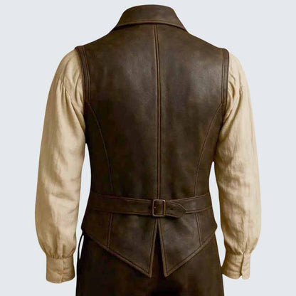 Men's Vintage Brown Leather Vest with Button Front Renaissance Style