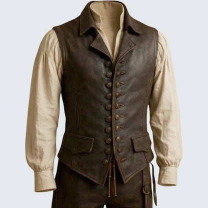 Men's Vintage Brown Leather Vest with Button Front Renaissance Style