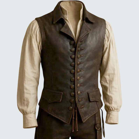 Men's Vintage Brown Leather Vest with Button Front Renaissance Style - 3amoto shop