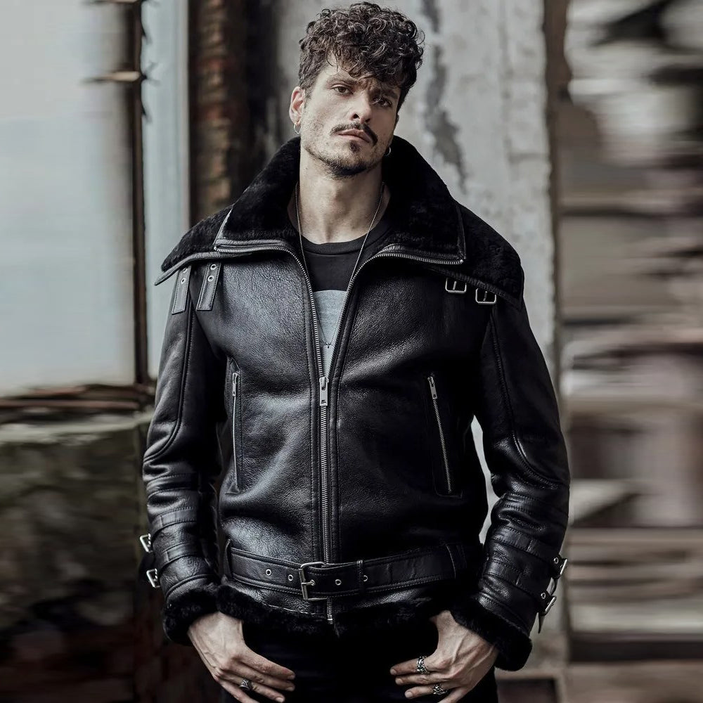 Men's Shearling Leather Jacket - B3 Flying Aviator Fur Coat