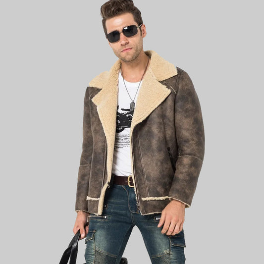 Men's Shearling Motorcycle Flight Jacket - Sheepskin Coat - Fashion Leather Jackets USA - 3AMOTO