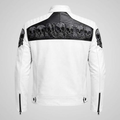 Black leather biker jacket with skull embroidery for men