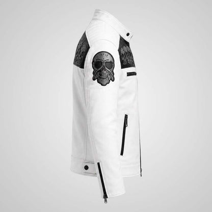 Men's leather motorcycle jacket with skull shoulder embroidery