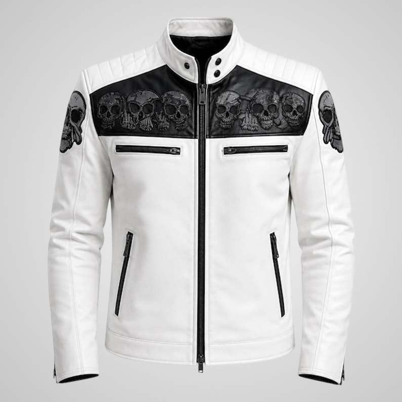Men's skull embroidered leather biker jacket with matte finish
