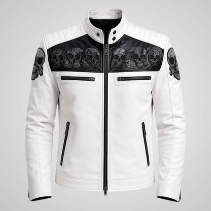 Men's skull embroidered leather biker jacket with matte finish