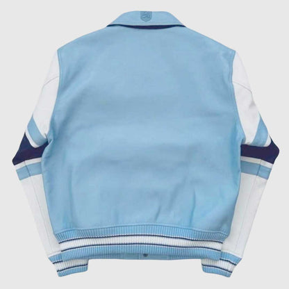 Handmade-style sky blue leather bomber jacket for men.