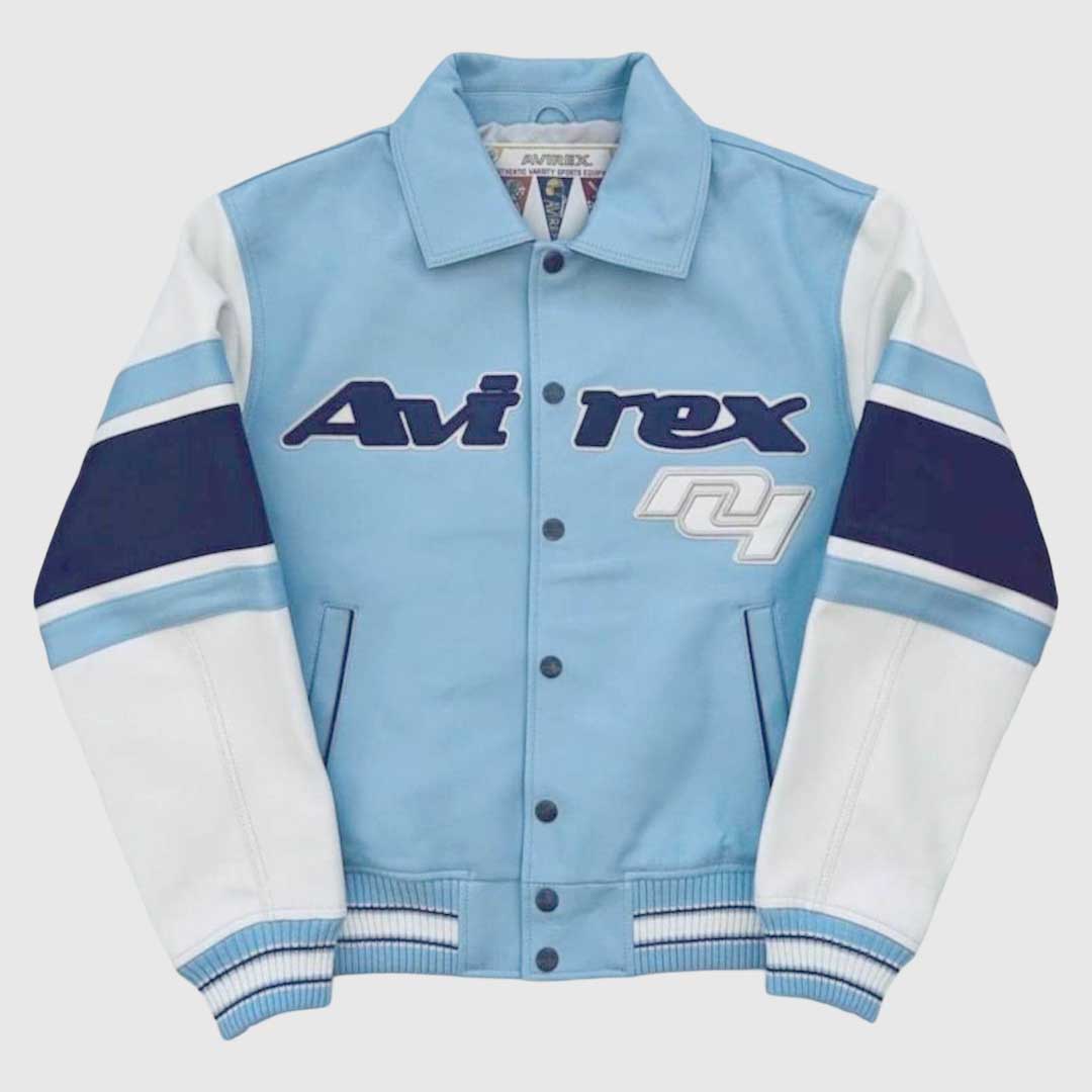 Men's sky blue genuine leather bomber jacket with an Avirex-inspired design.