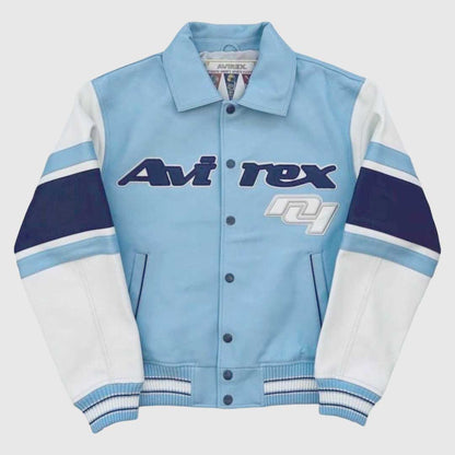 Men's sky blue genuine leather bomber jacket with an Avirex-inspired design.