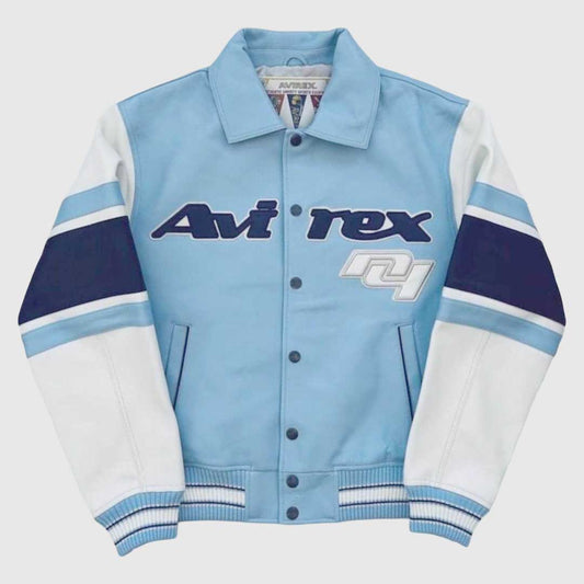 Men's sky blue genuine leather bomber jacket with an Avirex-inspired design. - 3amoto shop