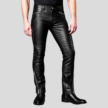 Men’s Slim Fit Leather Biker Pants with Zippers