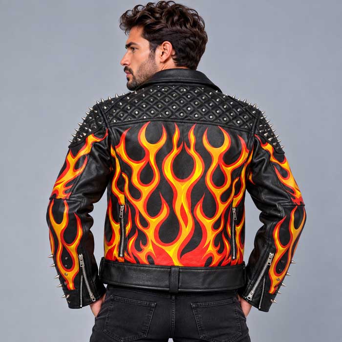Black leather motorcycle jacket with silver stud detailing for men