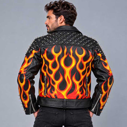 Black leather motorcycle jacket with silver stud detailing for men