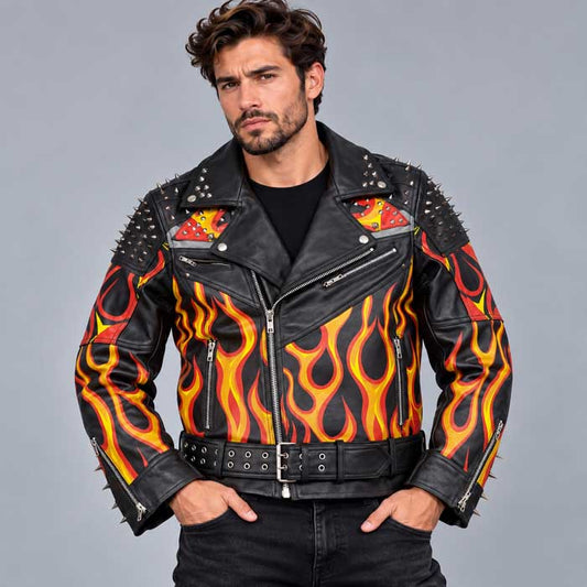 Men's studded black genuine leather biker jacket with flame design - 3amoto shop