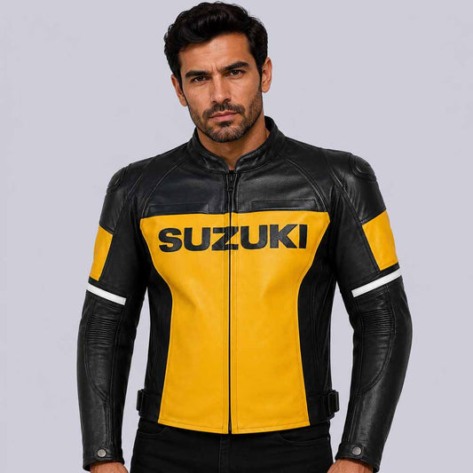 Men's Suzuki GSX R yellow black genuine cowhide leather riding jacket - 3amoto shop
