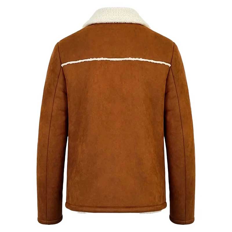 men's brown long coat with cream borg collar and button closure.