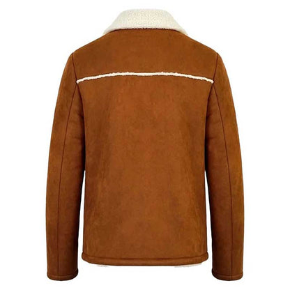 men's brown long coat with cream borg collar and button closure.