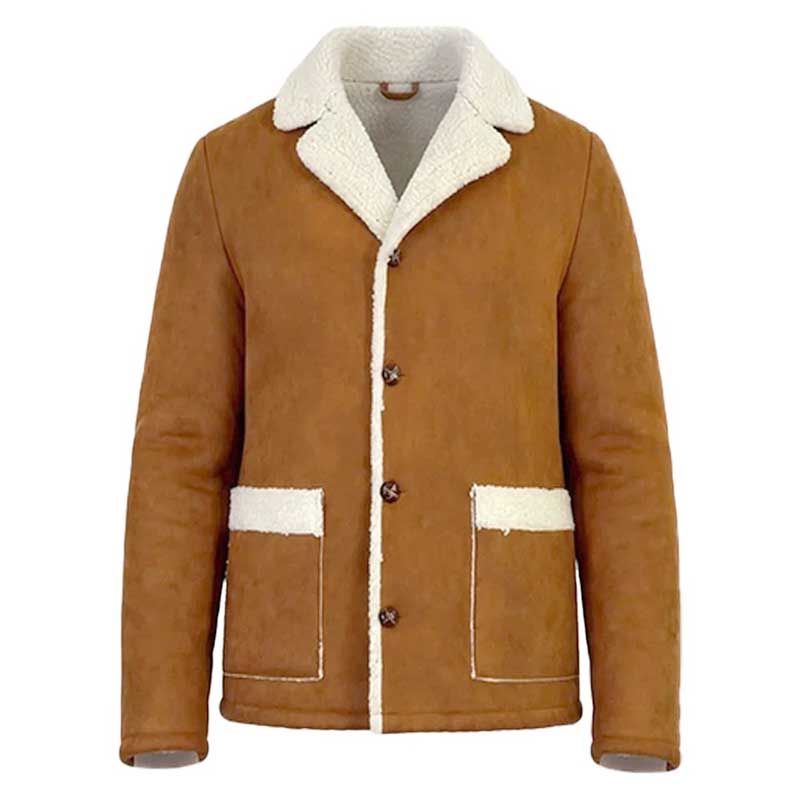 Men's tan brown faux suede long coat with cream borg trim.