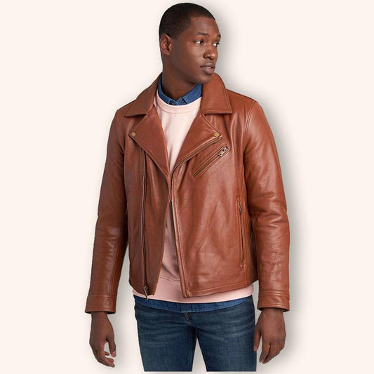 mens tan brown leather biker jacket - 3amoto shop