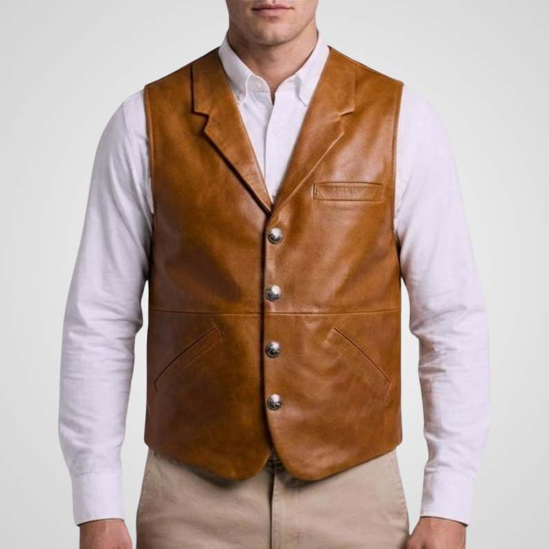 Men's tan brown handmade leather vest front view with button closure and western styling