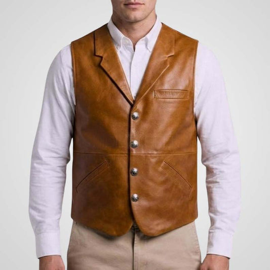 Men's tan brown handmade leather vest front view with button closure and western styling - 3amoto shop