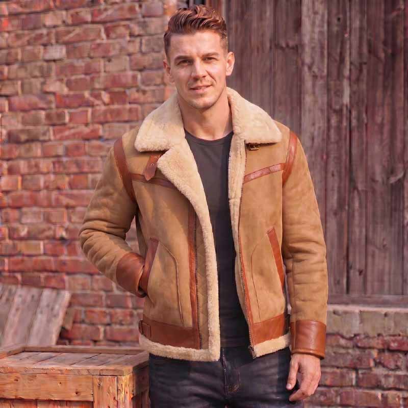 Vintage brown leather aviator jacket with shearling trim and front zipper